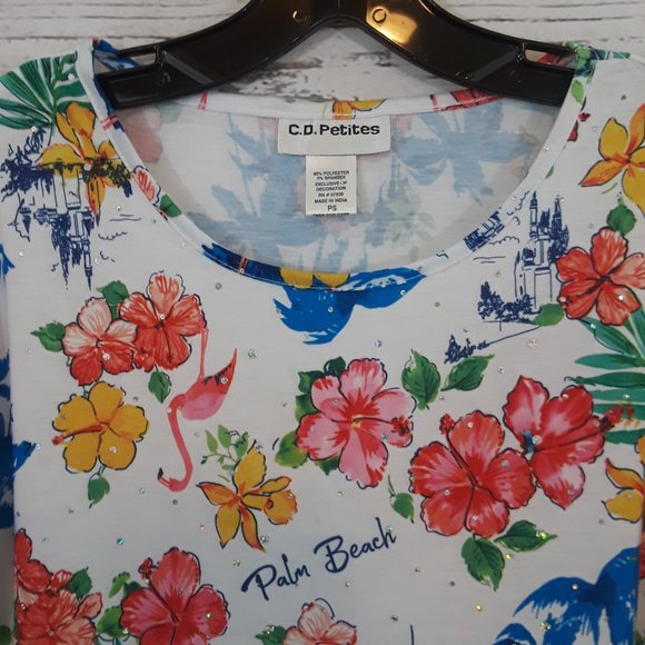 CD Petites Palm Beach Tropical Bedazzled Top - Picture 3 of 7